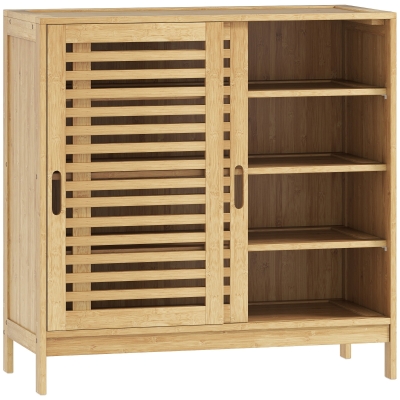 HOMCOM Schuhschrank mit 2 Schiebetüren mit Lamellen, verstellbaren Einlegeböden für 16 Paar Schuhe, 80x35x80 cm, Natur