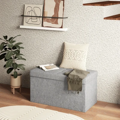 HOMCOM Baú de Arrumação 84L Puff de Arrumação Dobrável Estofado em Linho Sintético com Tampa 76x38x38 cm Cinzento Claro