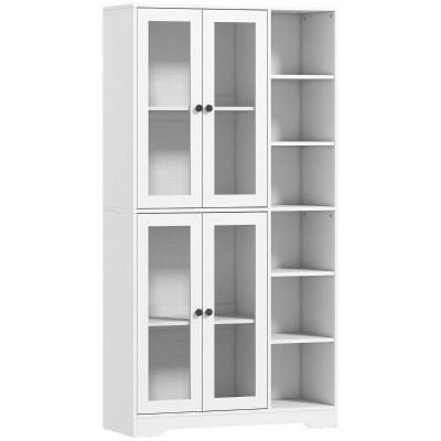 HOMCOM Armario de cocina con puertas de cristal, estantes, compartimentos abiertos, 172 cm de alto, MDF, Blanco