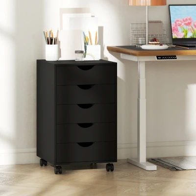 HOMCOM Bloco de Gavetas com Rodas Bloco de Gavetas para Escritório com 5 Gavetas  40x40x67 cm Preto