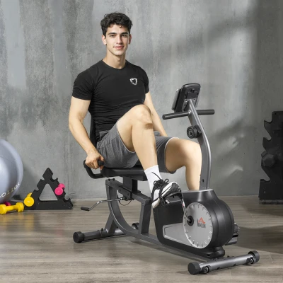 HOMCOM Bicicleta Estática con Respaldo 8 Niveles de Resistencia Magnética Longitud Ajustable Pantalla LCD para Casa Gris