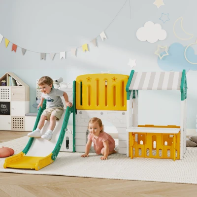 AIYAPLAY Tobogán Infantil 7 en 1 con Caseta Escalera Aro de Baloncesto Túnel Pizarra Telescopio para Interior Amarillo y Verde