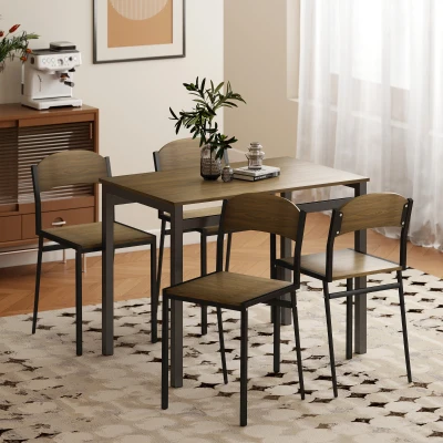 HOMCOM Conjunto de Mesa e Cadeiras de Refeição Mesa de Cozinha Retangular com 4 Cadeiras Estilo Moderno Castanho Escuro e Preto