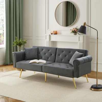 2-Seater Modern Sofa Bed with Velvet Upholstery and Adjustable Backrests, Gray