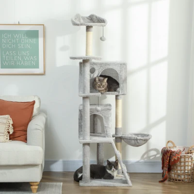 PawHut Arbre à Chat 160cm Gris avec Niches, Hamac, Sisal