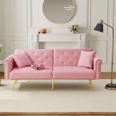 2-Seater Modern Sofa Bed with Velvet Upholstery and Adjustable Backrests, Pink