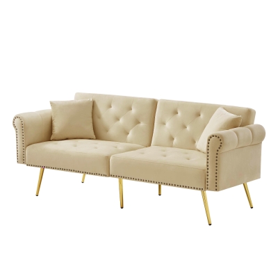 2-Seater Modern Sofa Bed with Velvet Upholstery and Adjustable Backrests, Beige
