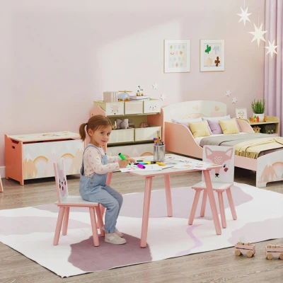 ZONEKIZ Set de asiento infantil de madera de pino, mesa con 2 sillas, motivo de animales, dormitorio infantil, 3-8 años, rosa