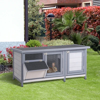 PawHut Coelheira de Madeira Gaiola para Coelhos com Telhado Asfáltico Rebatível Portas com Fecho Bandejas Removíveis 112x50x54 cm Cinzento