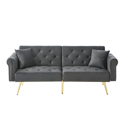 2-Seater Modern Sofa Bed with Velvet Upholstery and Adjustable Backrests, Gray