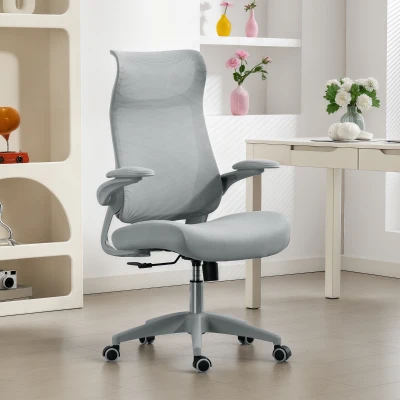 HOMCOM Ergonomischer drehbarer Mesh‑Bürostuhl mit Lendenstütze, klappbaren Armlehnen, Kopfstütze, Wippfunktion, grau