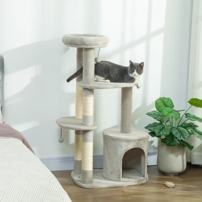 PawHut Drapak 114 cm wieża dla kota z kryjówką, słupki sizalowe, platforma, wielopoziomowy dla średnich kotów do 6 kg, Jasnoszary