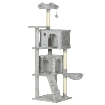 PawHut 160 cm Cat Scratching Tree with Platforms Bed 2 Caves Hammock Ladder Sisal Posts Light Gray