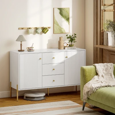 HOMCOM Aparador Moderno com 3 Gavetas Prateleiras Ajustáveis Bancada com Efeito Mármore Pés em Aço 120x39,1x76 cm Branco