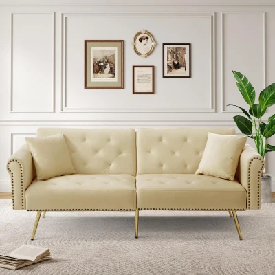 2-Seater Modern Sofa Bed with Velvet Upholstery and Adjustable Backrests, Beige