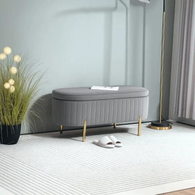 HOMCOM Panca Contenitore Ovale da 72L in Tessuto Vellutato Grigio
