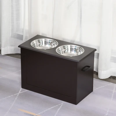 PawHut Comedero Elevado para Perros Grandes con 2 Cuencos de 2000ml y Almacenamiento Oculto 60x30x41 cm Marrón Oscuro