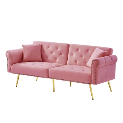 2-Seater Modern Sofa Bed with Velvet Upholstery and Adjustable Backrests, Pink