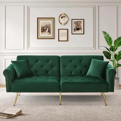 2-Seater Modern Sofa Bed with Velvet Upholstery and Adjustable Backrests, Green