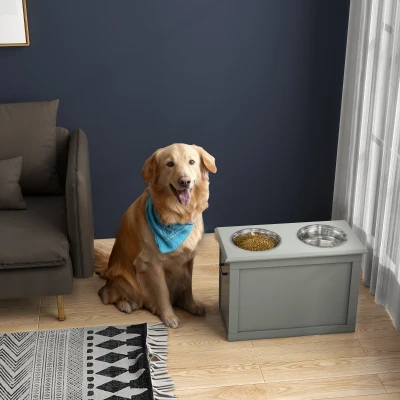 PawHut Comedouro Elevado para Cães com 2 Tigelas de Aço Inoxidável e Espaço de Armazenamento Oculto 60x30x41 cm Cinzento