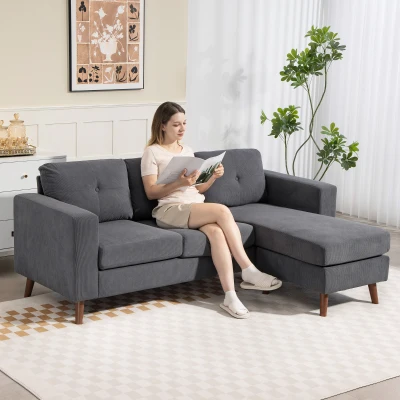 HOMCOM Sofá Chaise Longue Reversible de 3 Plazas Tapizado en Pana Marco de Acero para Espacios Reducidos Gris Oscuro