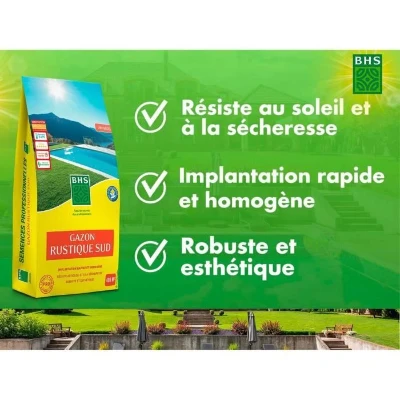 Gazon - BHS - Gazon Rustique Sud - 10kg - Résistant aux conditions seches grâce a la fétuque élevée. Rapide et homogene.