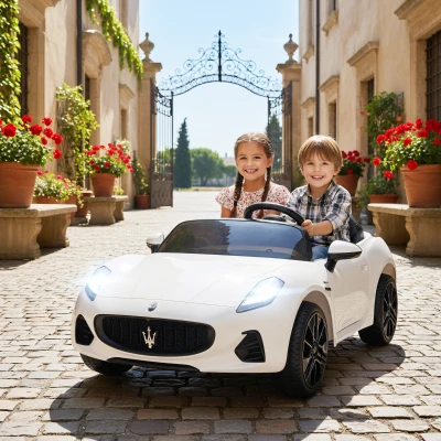 AIYAPLAY Maserati Elektroauto für Kinder, 2-Sitzer, 12V Batteriebetrieb, Fernbedienung, LED-Lichter, Musikfunktion, Weiß