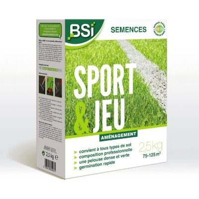 BSI - Semences De Gazon - Sport Ou Jeu - Avec Enrobage Protecteur - Tres Haute qualité - Jusqu'a 125 m² - 2,5Kg