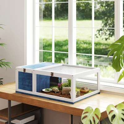 PawHut Houten schildpaddenhuis schildpaddenverblijf met hoofdverblijf en opklapbare bovenkant 91x60,5x32 cm, Blauw