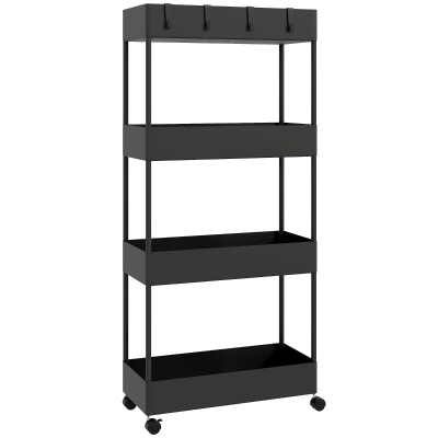 HOMCOM Kitchen Cart with 4 Shelves, 4 Flexible Hooks, 4 Casters, 40 cm x 19 cm x 90 cm, Slim Cart, Black