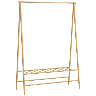 HOMCOM Bamboo clothes rack with shoe shelf and hooks, freestanding, for hallway, bedroom, natural wood