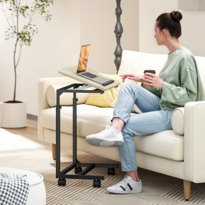 HOMCOM Side table, Desk, Bedside table, Height-adjustable, 4 Casters, Metal frame