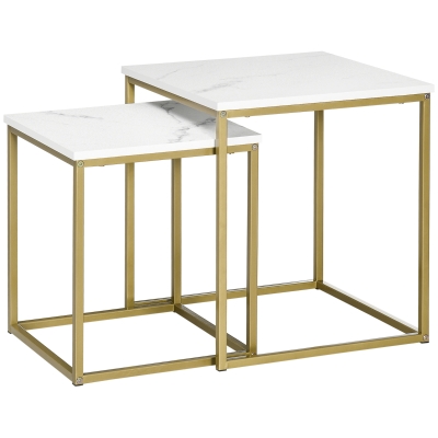 HOMCOM 2-Piece Side Table Set, Stackable Side Tables, Marble-Effect Top, Gold + White