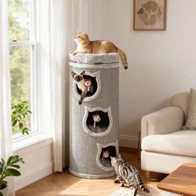 PawHut Tonneau à Griffer 96cm 4 Niveaux avec Lit Gris