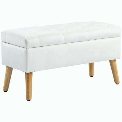 HOMCOM Upholstered bench with storage, velvet-look fabric, wooden legs, for living room, bedroom, hallway, 80 x 35 x 40 cm, White