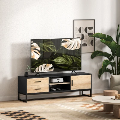 HOMCOM TV cabinet with door, 2 drawers, open compartments, adjustable shelf, Black