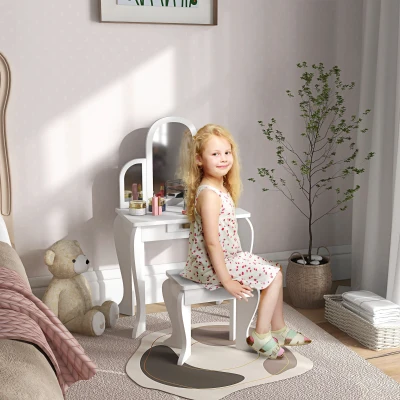 HOMCOM Tocador para Niños con Espejo y Taburete Tocador Infantil Tocador de Maquillaje para Niña de 3 a 6 Años con Cajón Blanco