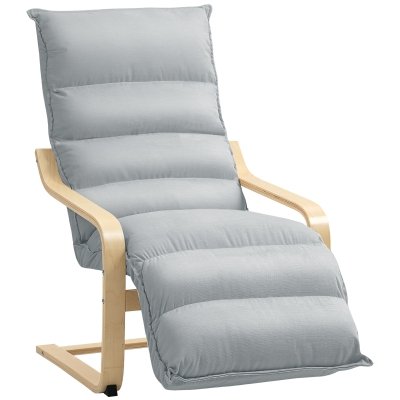 HOMCOM Birch Wood Lounge Chair, Upholstered Armchair with Adjustable Footrest, Modern Armchair, Light Gray