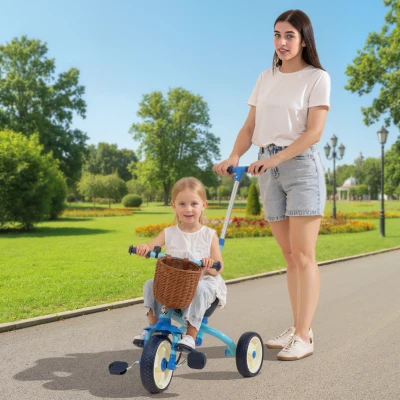 AIYAPLAY Triciclo para Bebés 2 em 1 Triciclo Evolutivo para Crianças com Barra Parental Ajustável Apoio para Pés Rebatível e Cesto 93,5x47x96 cm Azul