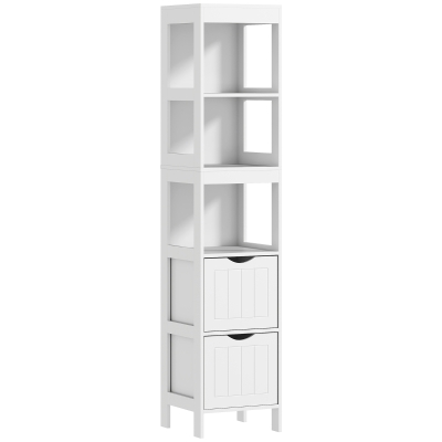 HOMCOM Bathroom cabinet, Compact bathroom shelf with 2 drawers and 3 open shelves, Freestanding bathroom shelf, MDF, White