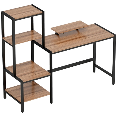 HOMCOM Computer Desk with Monitor Stand, Desk with 4-Tier Shelf, Industrial Design, Brown