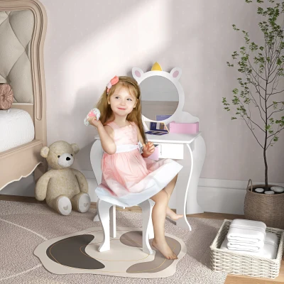 ZONEKIZ Tocador Infantil con Taburete y Espejo Tocador para Niñas con Cajón Compartimentos Diseño de Unicornio Blanco