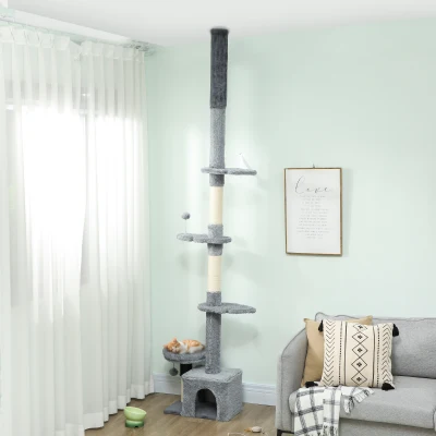 PawHut Arbre à Chat Réglable 225-255cm Peluche Gris