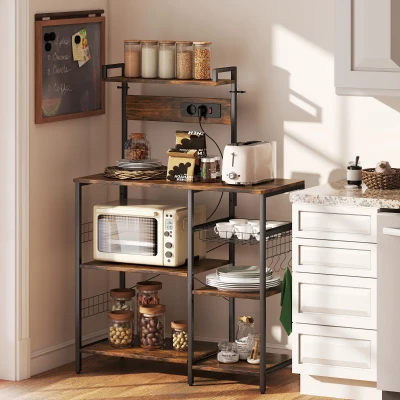 HOMCOM Estantería de cocina, estantería de pie con enchufe, USB, 5 ganchos en S, 5 estantes, cesta, refuerzos en X, acero 90 x 42 x 130 cm