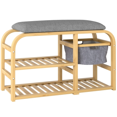 HOMCOM Shoe Bench with Shelves, Shoe Storage Bench, Bamboo, Padded Seat, Grey