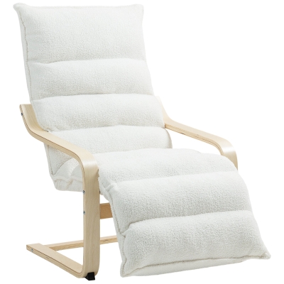 HOMCOM Birch Wood Lounge Chair, Padded Armchair, Adjustable Footrest, White