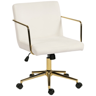 HOMCOM Rolling office chair with gold-colored accents, computer chair with metal base, velvet-look upholstery, cream white