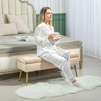 HOMCOM Velvet-Look Storage Bench, Padded Footstool with Tufted Design, Metal Frame, 102 x 35 x 43 cm, Beige