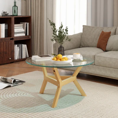 HOMCOM Round side table made of tempered glass with adjustable foot pads and steel frame, for living room, bedroom