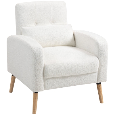 HOMCOM Modern Armchair, Upholstered Chair with Rubberwood Legs, Lumbar Pillow, for Living Room, Bedroom, Office, White